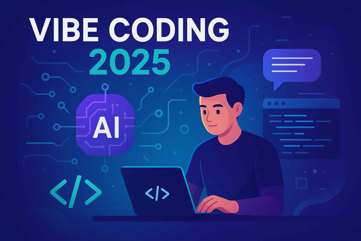Illustration of a young programmer using a laptop with glowing AI and coding icons, representing Vibe Coding in 2025 and the future of AI-assisted programming.