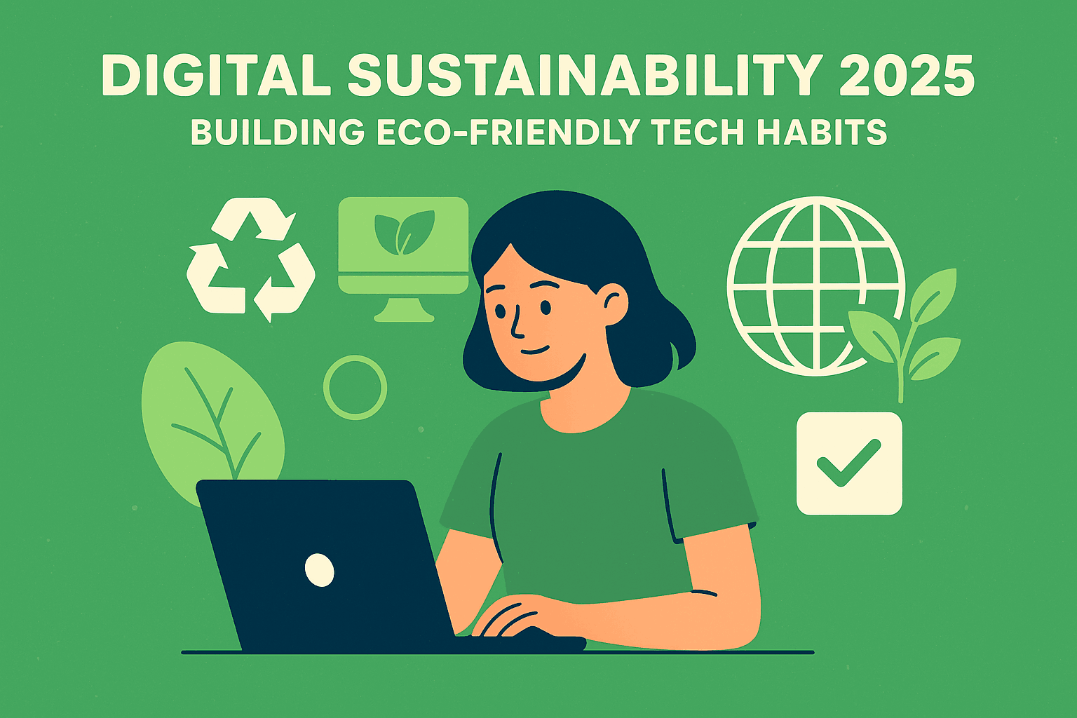 Illustration of a woman using a laptop surrounded by eco-friendly digital icons such as recycling, plants, and a globe, symbolizing digital sustainability in 2025 and green tech practices.